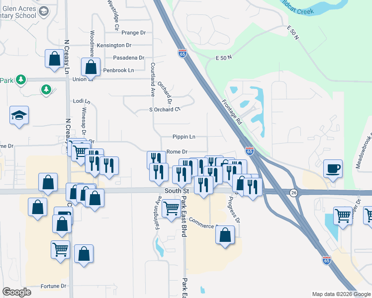 map of restaurants, bars, coffee shops, grocery stores, and more near 3930 Rome Drive in Lafayette