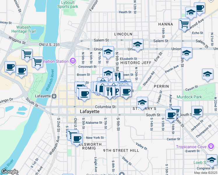 map of restaurants, bars, coffee shops, grocery stores, and more near 813 North Street in Lafayette