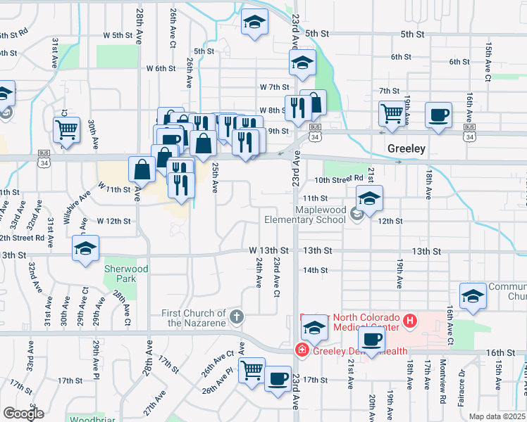 map of restaurants, bars, coffee shops, grocery stores, and more near 1104 24th Avenue in Greeley