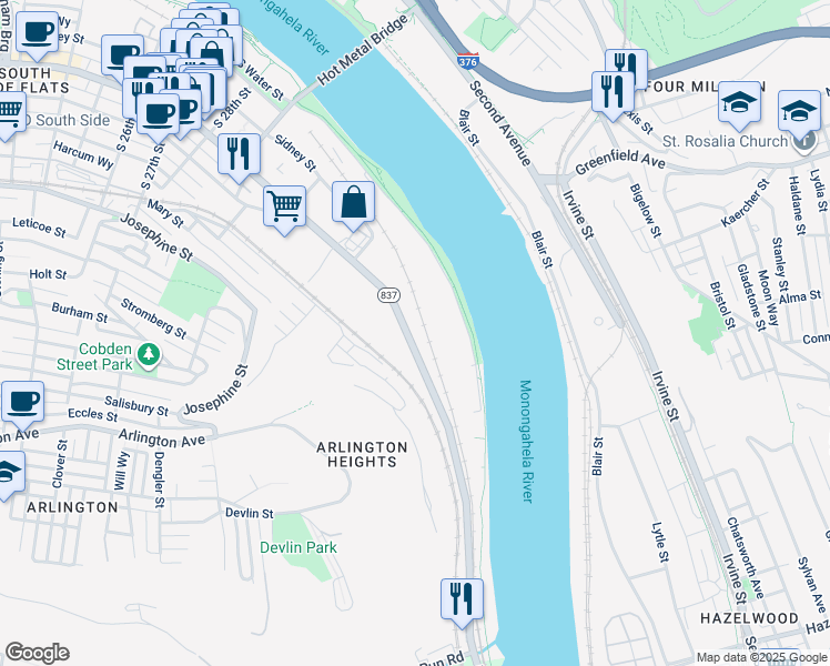 map of restaurants, bars, coffee shops, grocery stores, and more near 3447 East Carson Street in Pittsburgh