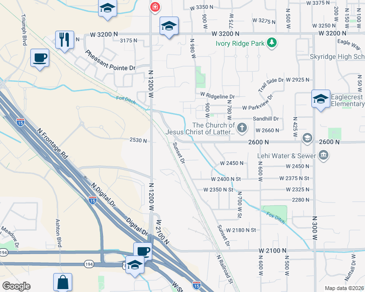 map of restaurants, bars, coffee shops, grocery stores, and more near 1020 West 2550 North in Lehi