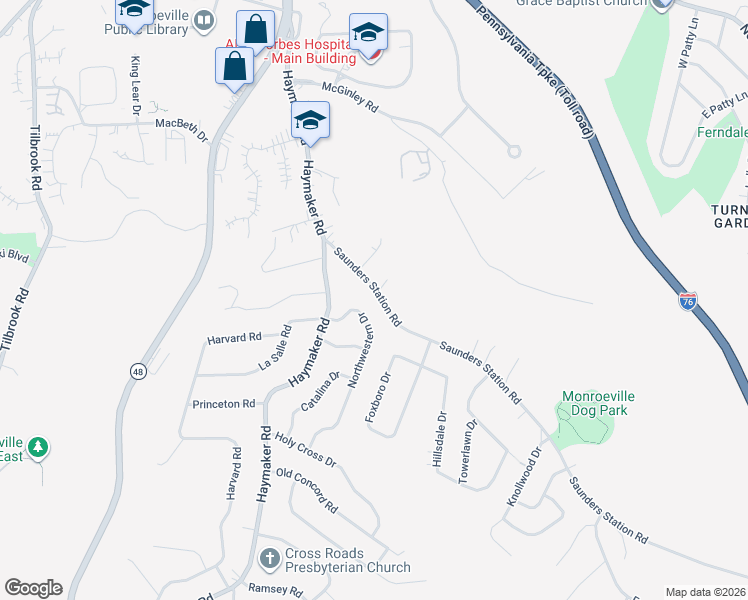 map of restaurants, bars, coffee shops, grocery stores, and more near 2441 Saunders Station Road in Monroeville