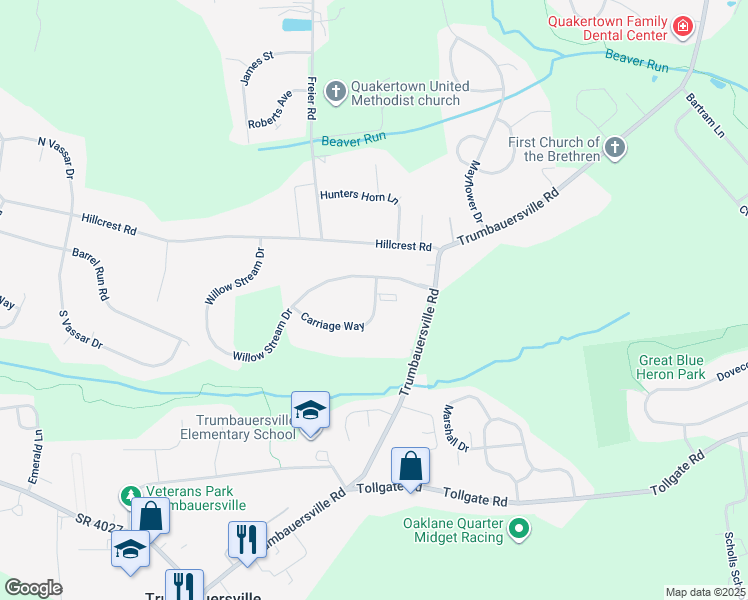map of restaurants, bars, coffee shops, grocery stores, and more near 402 Bedford Court in Quakertown