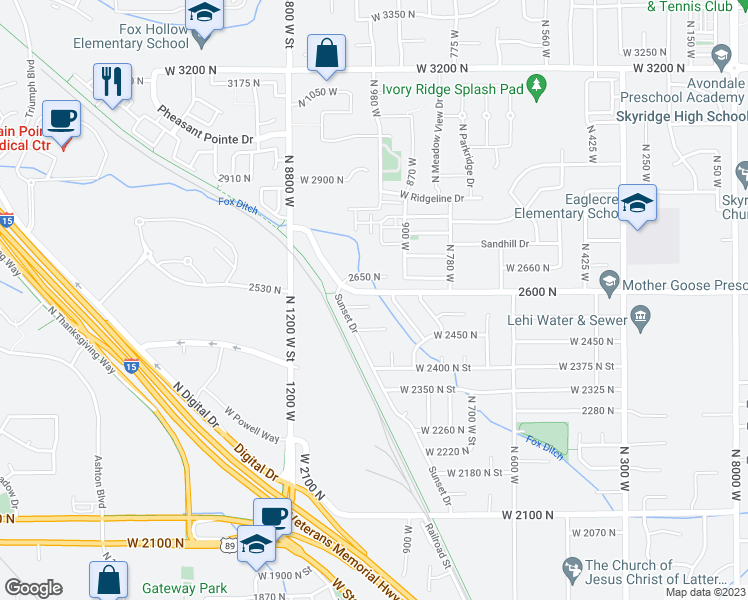map of restaurants, bars, coffee shops, grocery stores, and more near 998 West 2550 North in Lehi