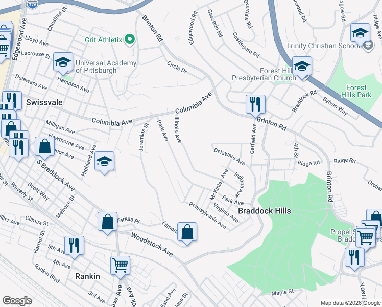 map of restaurants, bars, coffee shops, grocery stores, and more near 961 Illinois Ave in Pittsburgh