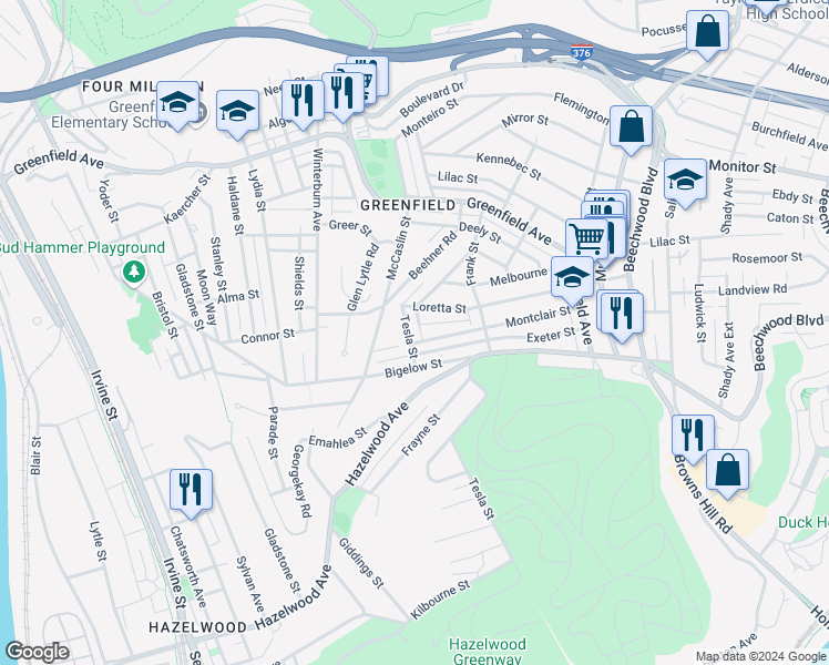 map of restaurants, bars, coffee shops, grocery stores, and more near 4319 Tesla Street in Pittsburgh