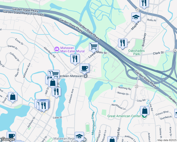 map of restaurants, bars, coffee shops, grocery stores, and more near 1000-5000 Schindler Drive in Matawan
