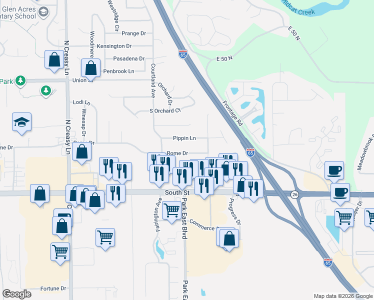 map of restaurants, bars, coffee shops, grocery stores, and more near 3930 Rome Drive in Lafayette
