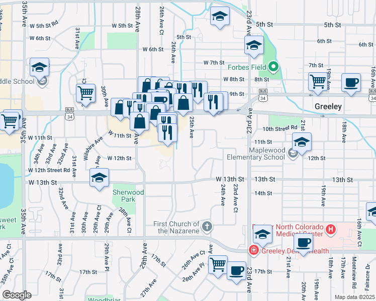 map of restaurants, bars, coffee shops, grocery stores, and more near 1143 25th Avenue in Greeley