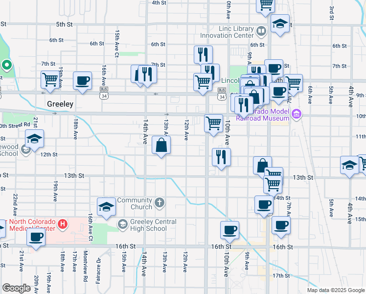 map of restaurants, bars, coffee shops, grocery stores, and more near 1117 12th Avenue in Greeley
