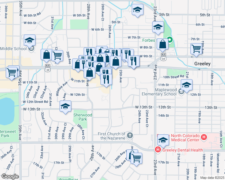 map of restaurants, bars, coffee shops, grocery stores, and more near 1126 26th Avenue in Greeley