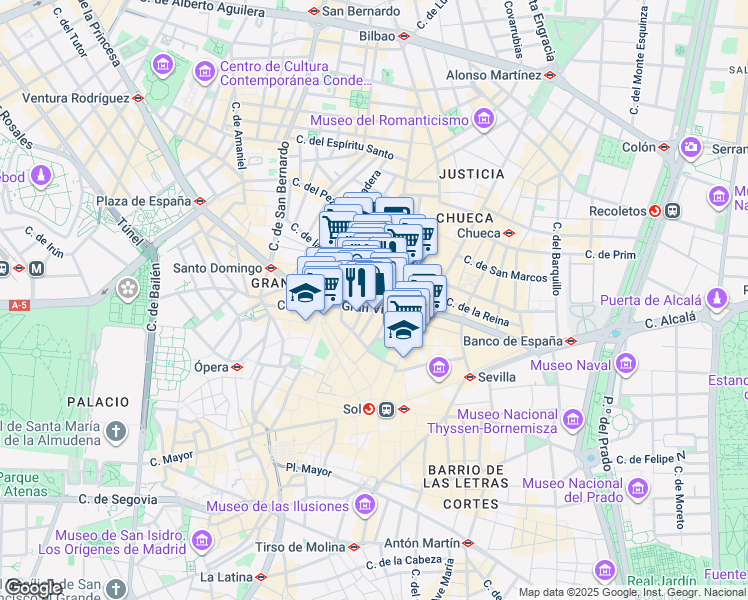 map of restaurants, bars, coffee shops, grocery stores, and more near 32 Gran Vía in Madrid