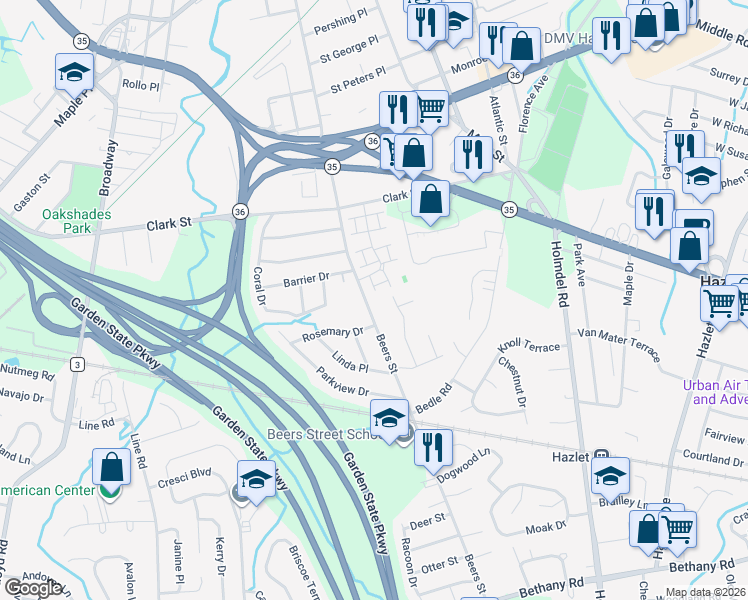 map of restaurants, bars, coffee shops, grocery stores, and more near 534 Beers Street in Hazlet