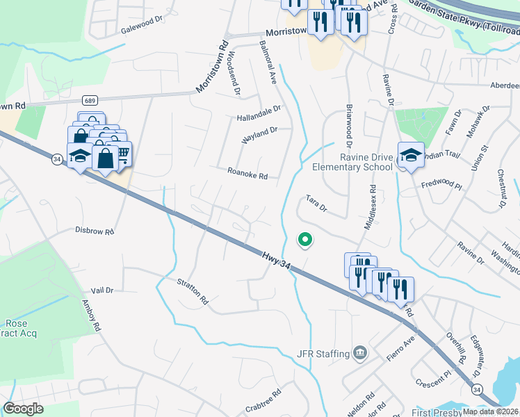 map of restaurants, bars, coffee shops, grocery stores, and more near 72 Letts Court in Matawan