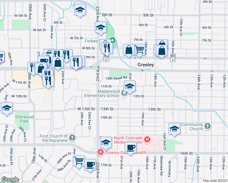 map of restaurants, bars, coffee shops, grocery stores, and more near 2209 12th Street in Greeley
