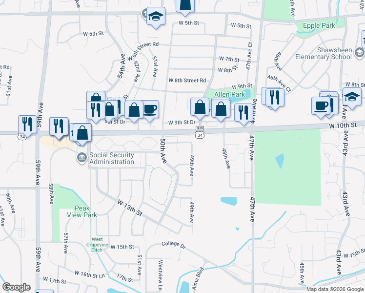map of restaurants, bars, coffee shops, grocery stores, and more near 4926 10th Street Road in Greeley