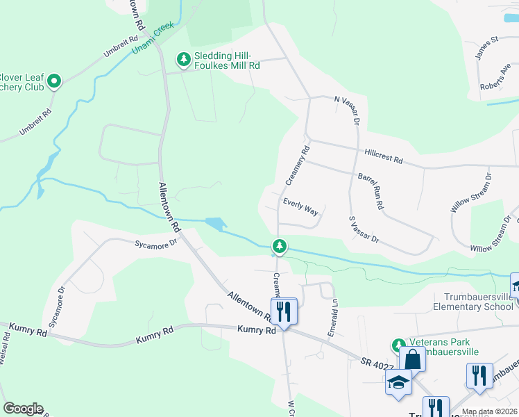 map of restaurants, bars, coffee shops, grocery stores, and more near 1756 Creamery Road in Quakertown