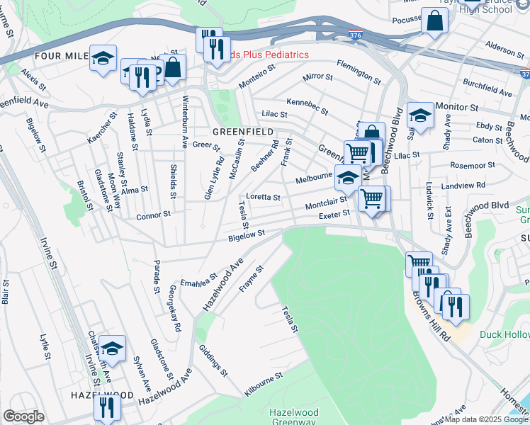 map of restaurants, bars, coffee shops, grocery stores, and more near 629 Montclair Street in Pittsburgh