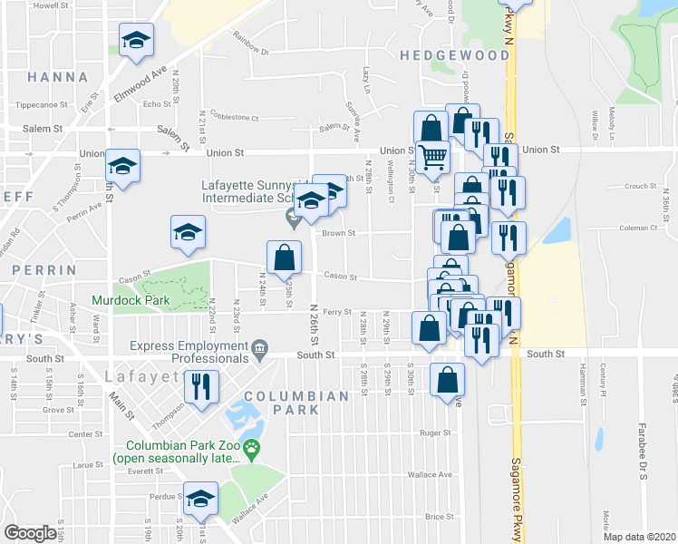 map of restaurants, bars, coffee shops, grocery stores, and more near 500 North 27th Street in Lafayette