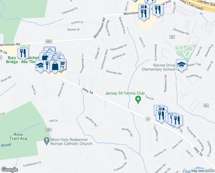 map of restaurants, bars, coffee shops, grocery stores, and more near 84 Reynolds Court in Matawan