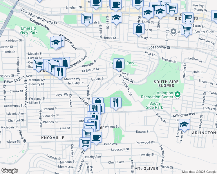 map of restaurants, bars, coffee shops, grocery stores, and more near 2605 Quarry Street in Pittsburgh