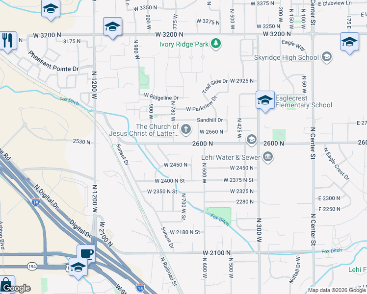 map of restaurants, bars, coffee shops, grocery stores, and more near 715 2600 North in Lehi