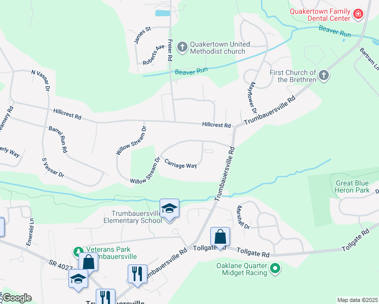 map of restaurants, bars, coffee shops, grocery stores, and more near 402 Bedford Court in Quakertown