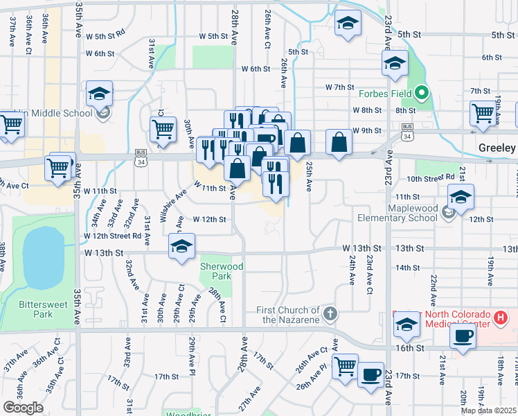 map of restaurants, bars, coffee shops, grocery stores, and more near 2718 West 11th Street Road in Greeley
