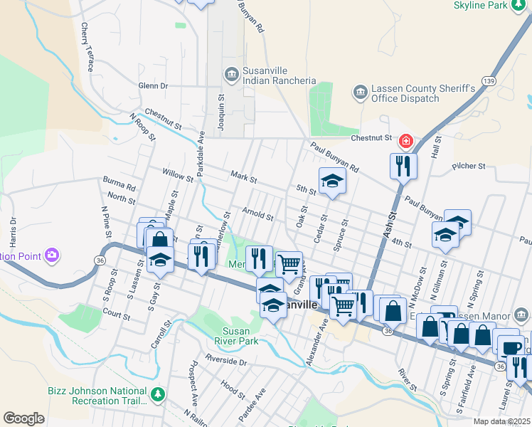 map of restaurants, bars, coffee shops, grocery stores, and more near 325 Adaline Street in Susanville
