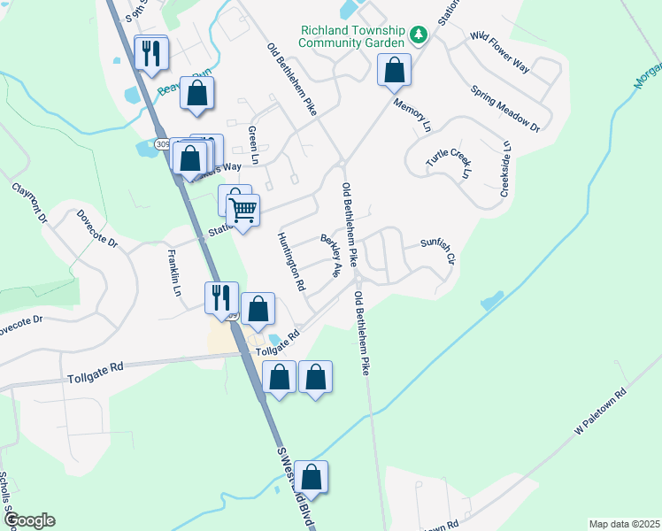 map of restaurants, bars, coffee shops, grocery stores, and more near 1220 Meadow Brook Drive in Quakertown
