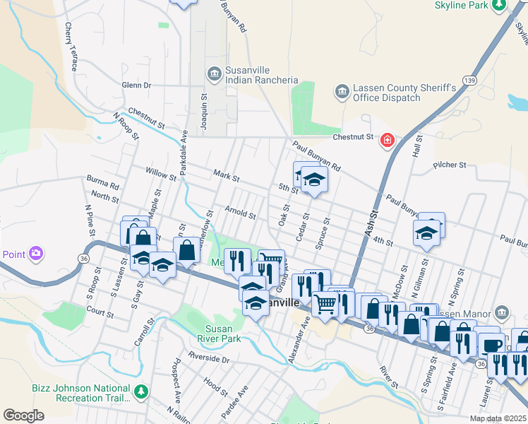 map of restaurants, bars, coffee shops, grocery stores, and more near 325 Adaline Street in Susanville