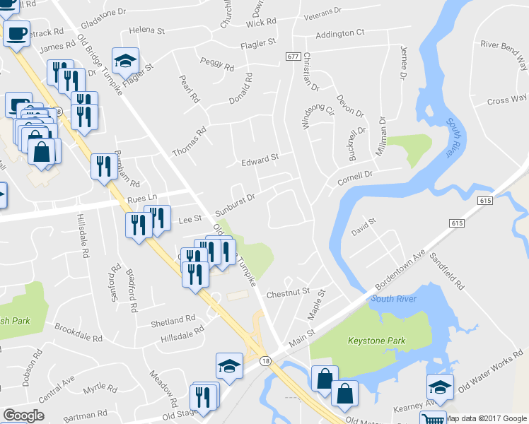 map of restaurants, bars, coffee shops, grocery stores, and more near 58 Buttonwood Drive in East Brunswick
