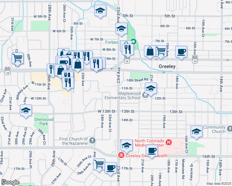 map of restaurants, bars, coffee shops, grocery stores, and more near 1109 23rd Avenue in Greeley