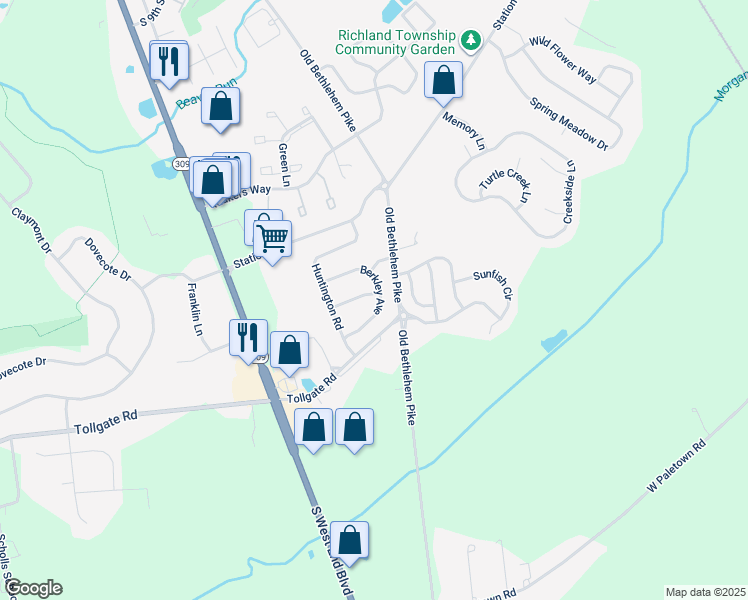 map of restaurants, bars, coffee shops, grocery stores, and more near 1220 Meadow Brook Drive in Quakertown