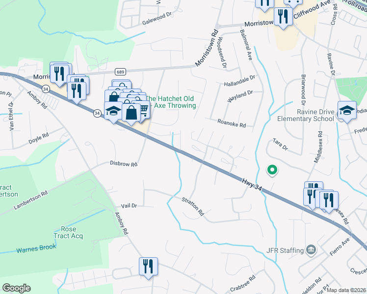 map of restaurants, bars, coffee shops, grocery stores, and more near 34 Forest Garden Drive in Matawan