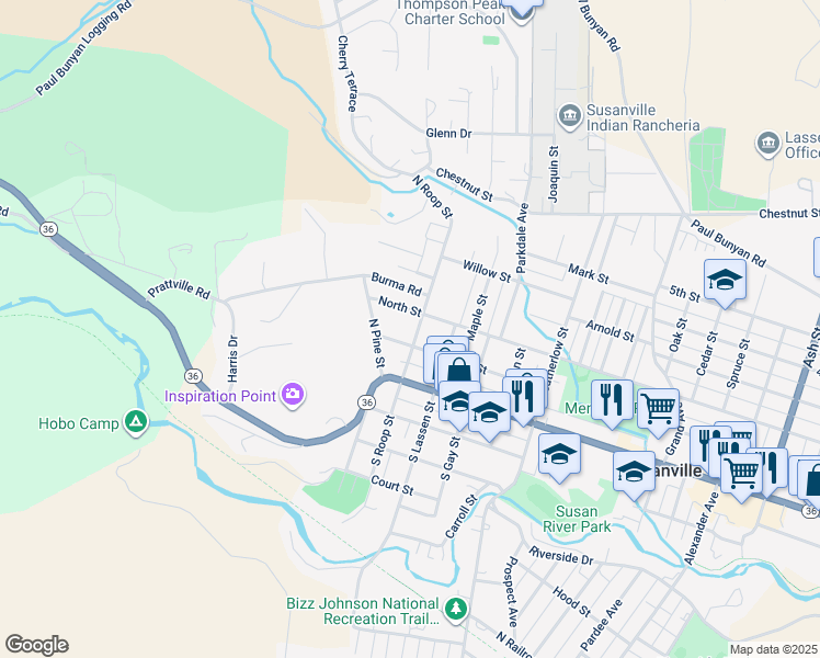 map of restaurants, bars, coffee shops, grocery stores, and more near 120 North Roop Street in Susanville