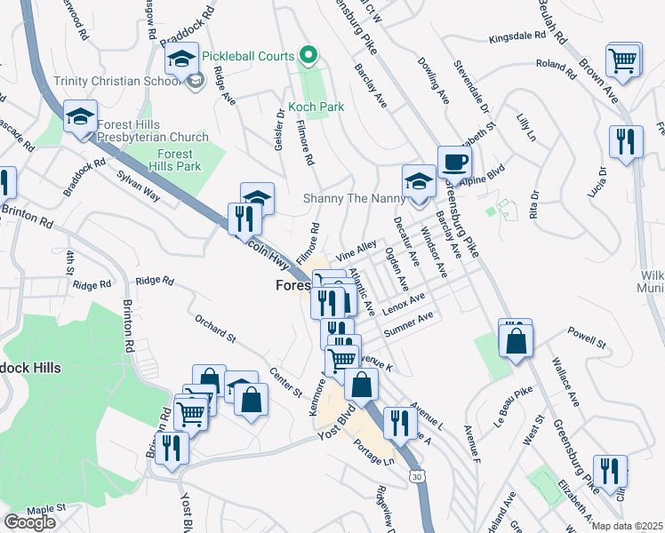 map of restaurants, bars, coffee shops, grocery stores, and more near 101 Marion Avenue in Pittsburgh