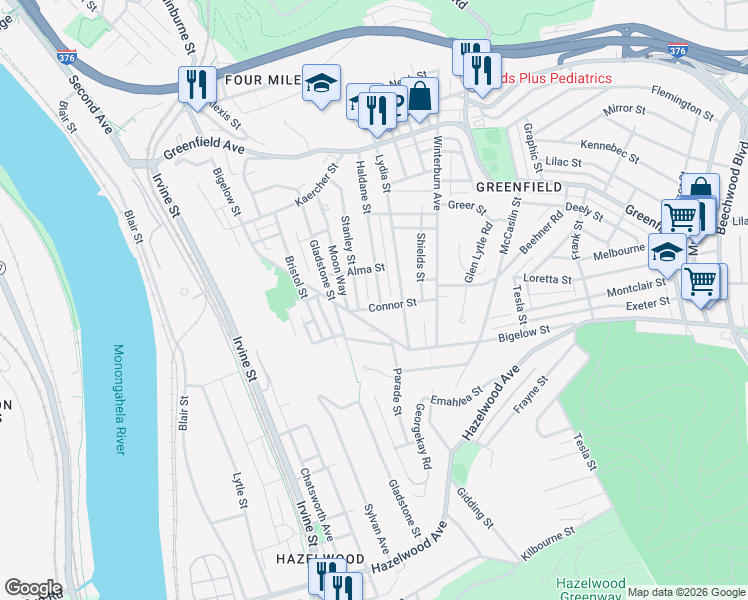 map of restaurants, bars, coffee shops, grocery stores, and more near 4334 Haldane Street in Pittsburgh