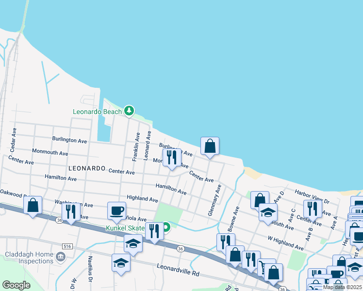 map of restaurants, bars, coffee shops, grocery stores, and more near 45 Burlington Avenue in Leonardo