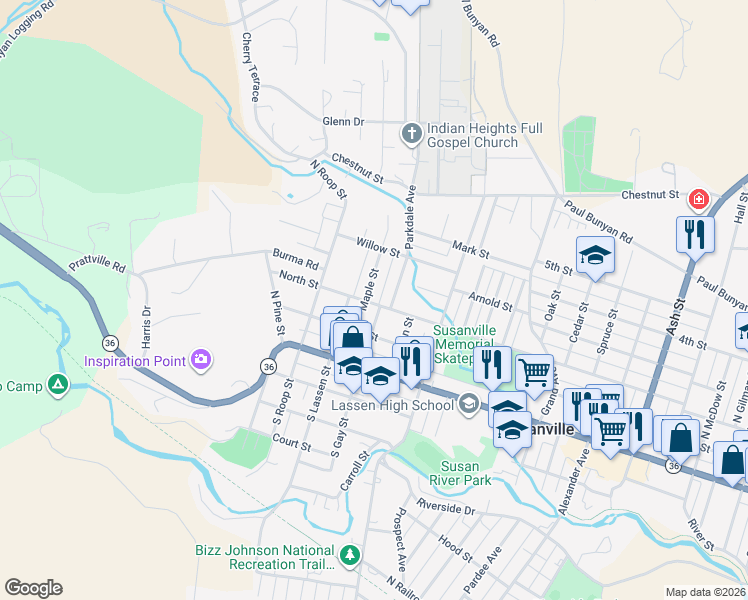 map of restaurants, bars, coffee shops, grocery stores, and more near 203 Maple St in Susanville
