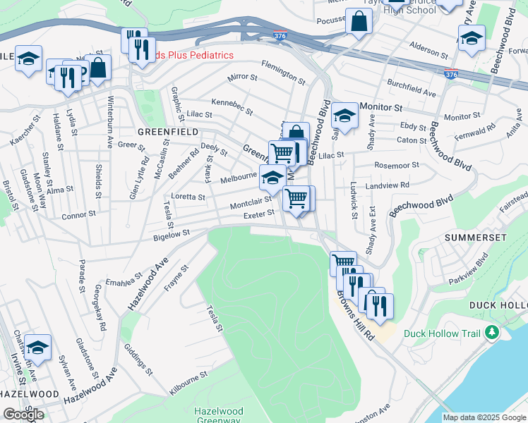 map of restaurants, bars, coffee shops, grocery stores, and more near 14 Exeter Street in Pittsburgh