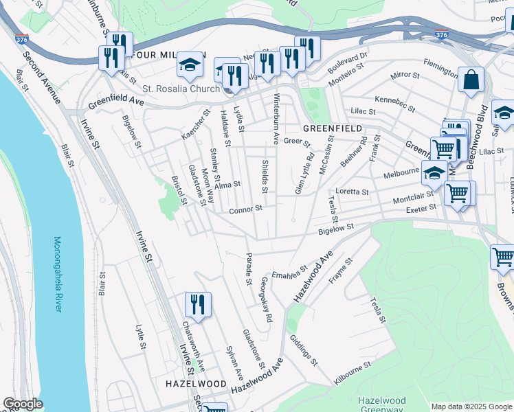 map of restaurants, bars, coffee shops, grocery stores, and more near 4341 Lydia Street in Pittsburgh