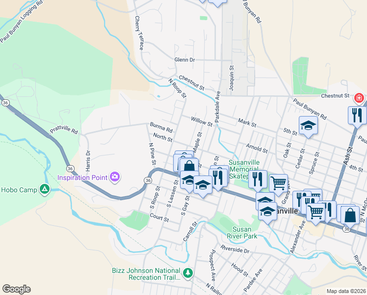 map of restaurants, bars, coffee shops, grocery stores, and more near 150 North Lassen Street in Susanville