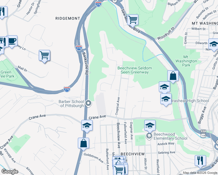 map of restaurants, bars, coffee shops, grocery stores, and more near 210 Shadygrove Avenue in Pittsburgh