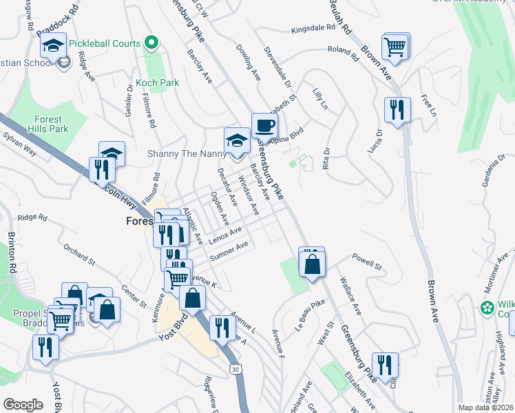 map of restaurants, bars, coffee shops, grocery stores, and more near 534 Windsor Avenue in Pittsburgh