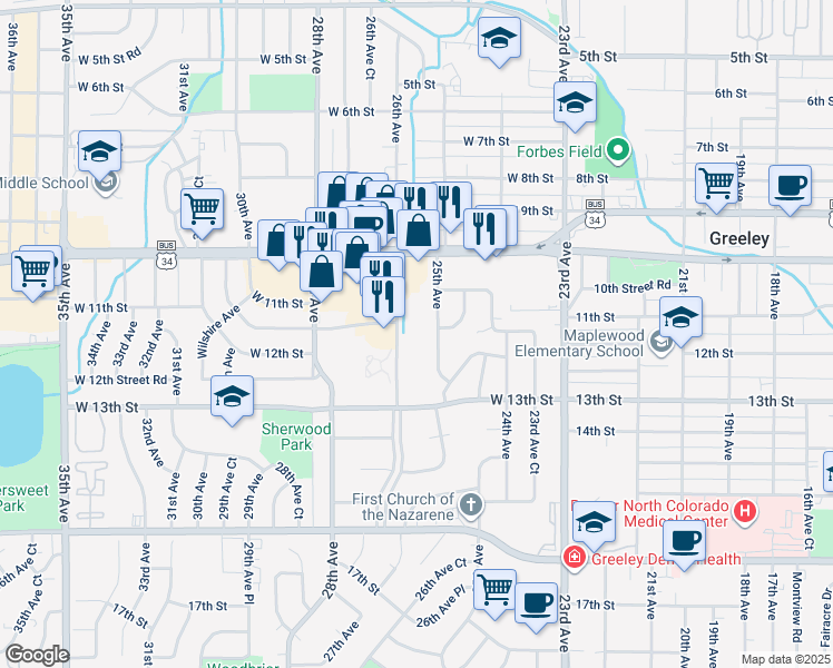map of restaurants, bars, coffee shops, grocery stores, and more near 1143 25th Avenue in Greeley