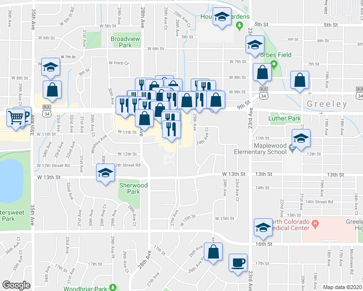 map of restaurants, bars, coffee shops, grocery stores, and more near 2600 West 11th Street Road in Greeley