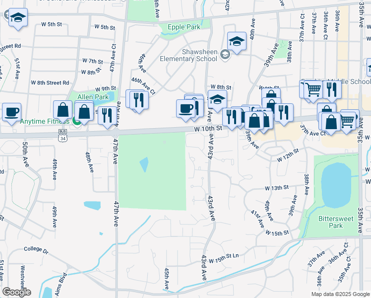map of restaurants, bars, coffee shops, grocery stores, and more near 1125 Ward Drive in Greeley
