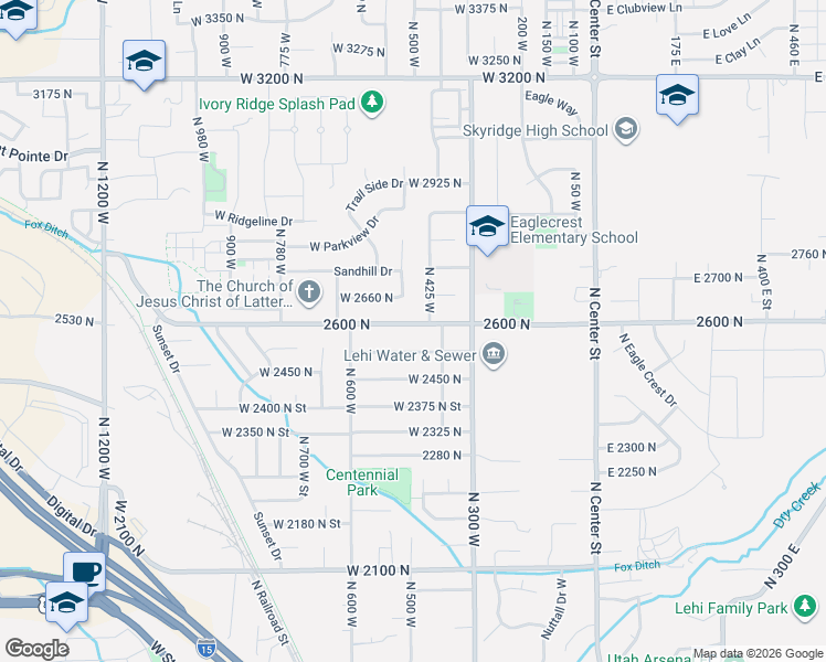 map of restaurants, bars, coffee shops, grocery stores, and more near 439 2600 North in Lehi