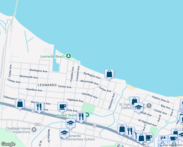 map of restaurants, bars, coffee shops, grocery stores, and more near 45 Burlington Avenue in Leonardo